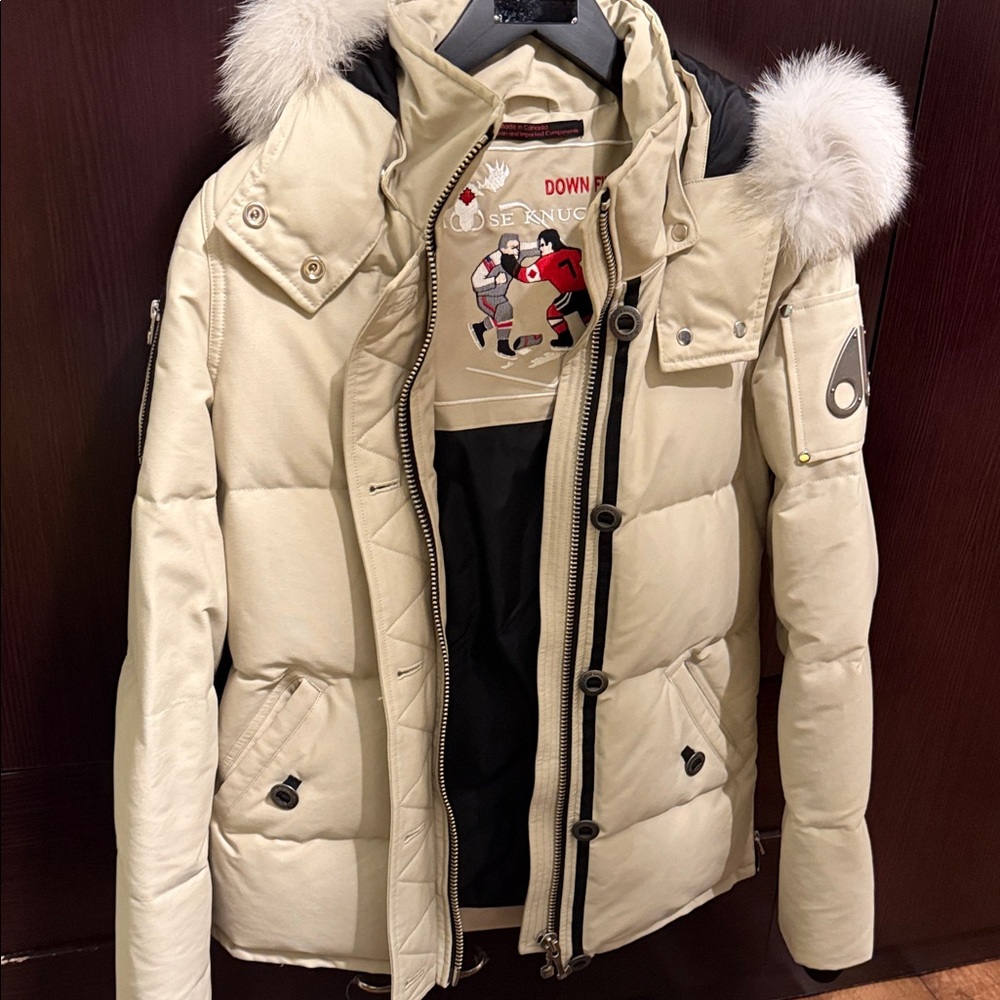 Moose Knuckles Beige Bomber Jacket with Fur Hood